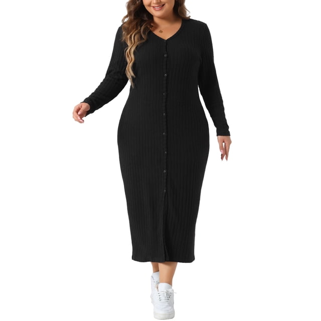 Vestido de talla grande Agnes Orinda para mujeres, con cuello en V, manga larga, de punto acanalado, con botones, vestido ajustado 4X negro