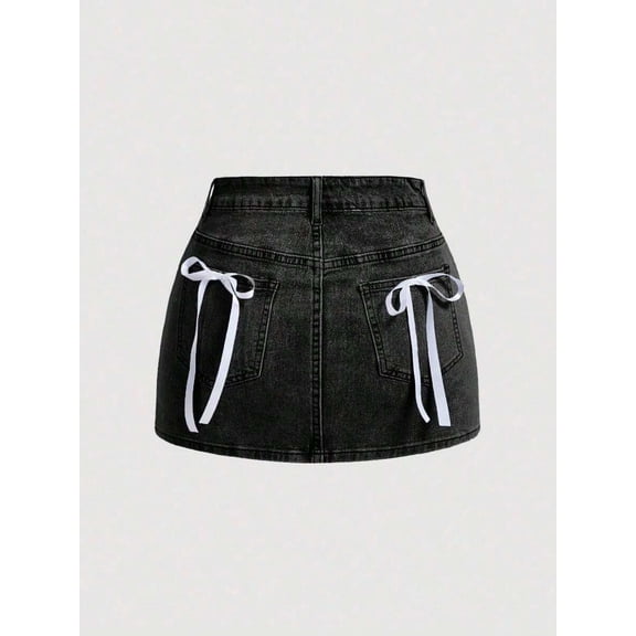 Womens Black 2 Washed Denim Mini Skirt With White Bow-Tie Pocket Details