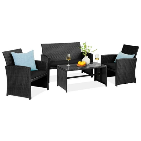 Best Choice Products 4-Piece Outdoor Wicker Patio Conversation Furniture Set w/ Table Cushions - Black/Black