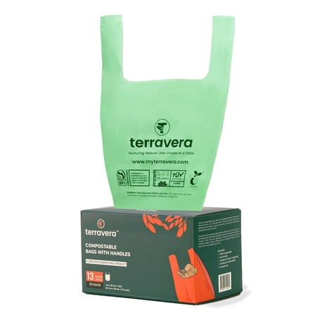 terravera 13 Gallon Compostable Trash Bags  with Handle Tie,  30 Count