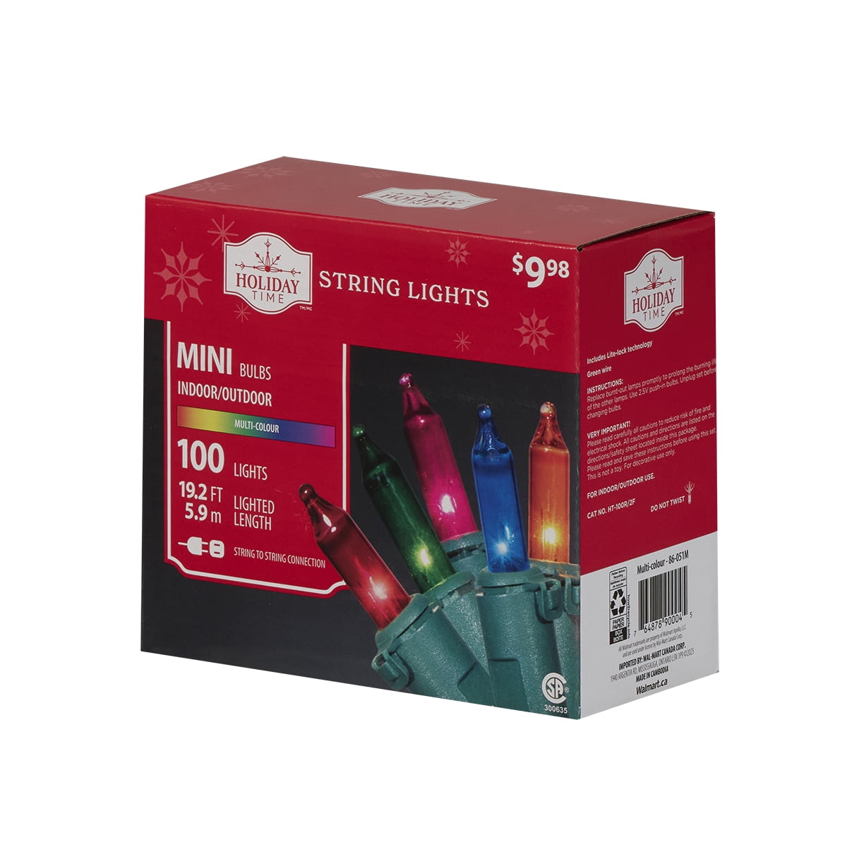 Mini guirlandes de Noël lumineuses dotées de 100 ampoules à incandescence, multicolores, avec fil vert, de 19,2 pieds, Holiday Time Espace entre les ampoules de 3,25 po (8,2 cm)