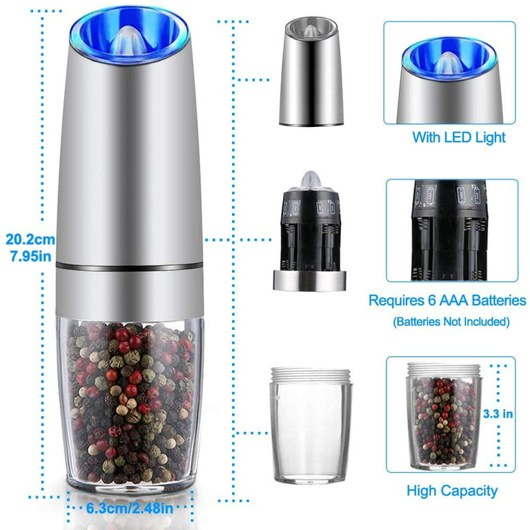 Electric Salt Shaker - Automatic Pepper Grinder - Pepper or Salt Mill  Grinder, Battery-Operated with Adjustable Coarseness, Premium Stainless  Steel with LED Blue Light, One Hand Operated 