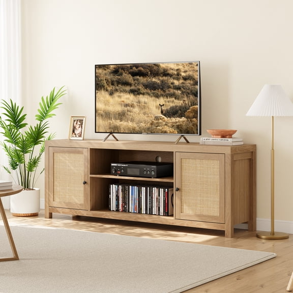 66" Boho Rattan TV Stand for 75 Inch TV, Natural Oak Entertainment Center with 2-Tier Storage & Adjustable Shelves, Wood Media Console Cabinet for Living Room, Bedroom