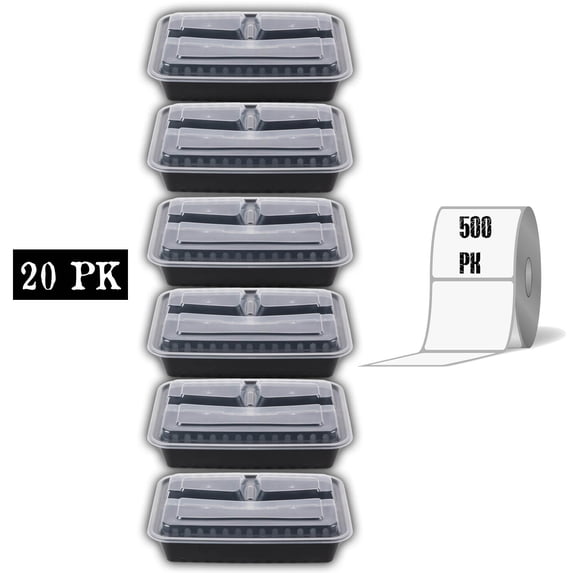 Meal Prep Containers And Lids And Labels Set: (20 Pk) Compartment Reusable Microwavable BPA Free Food Container With Lid + (500) Dissolving Labels, Great For Prepping And Planning Take Out