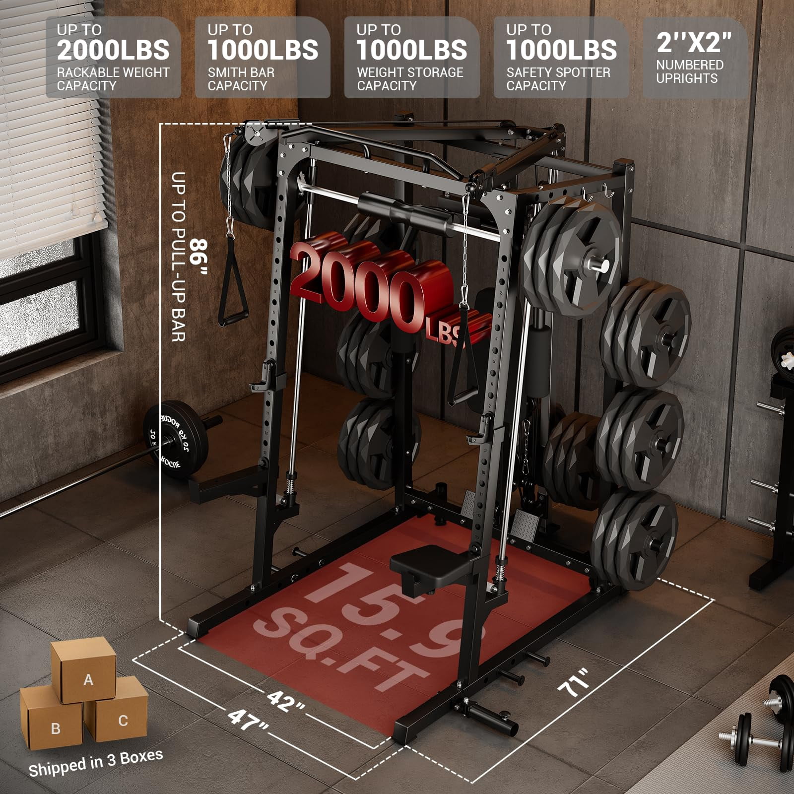 Ataucjin 2000LBS Smith Machine Home Gym, Multi-Function Power Cage Squat Rack with Cable Crossover & LAT Pulldown, Strength Training Equipment with 8 Weight Storage Pins and More (Plates Not Included