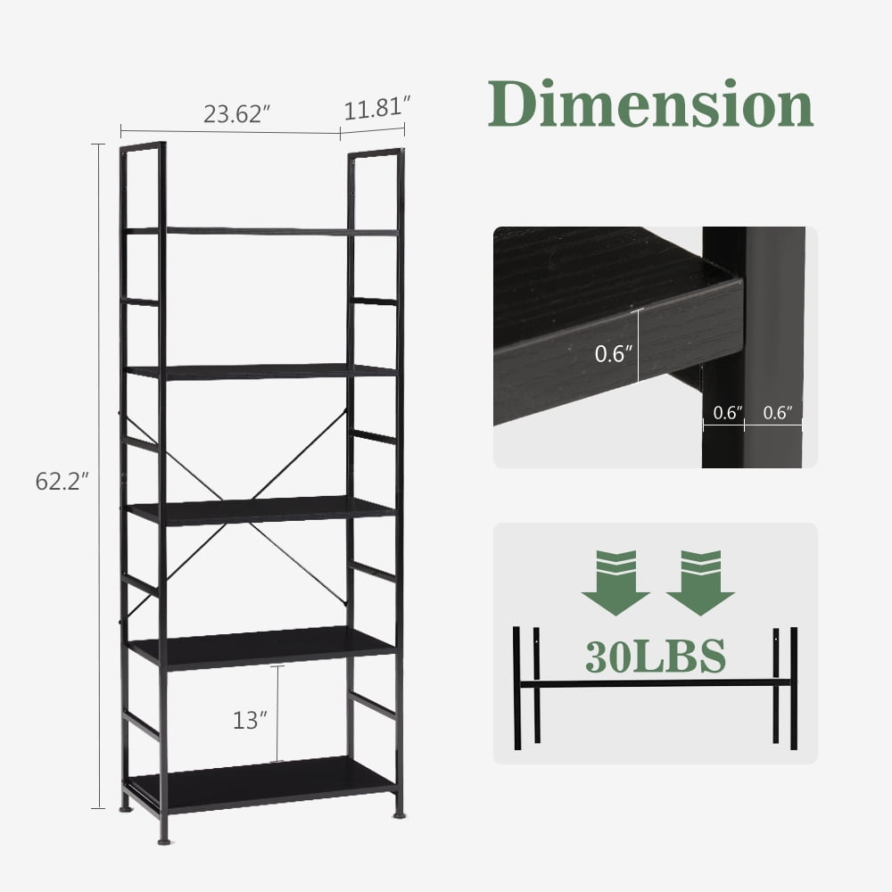 EDX Bookcase, 5 Tier Book Shelf, Storage Shelf, Classic Modern Bookcase for CDs, Movies, Books, Industrial Bookcase for Home Office, Living Room, Kitchen, Bedroom, Black