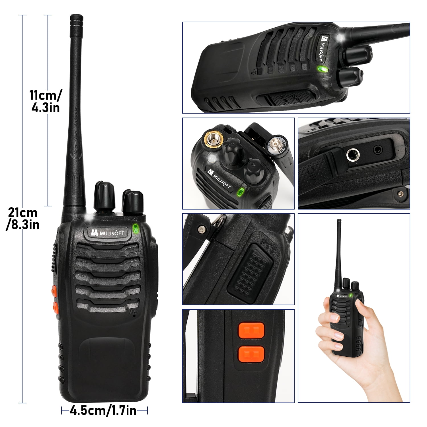 MULISOFT Walkie Talkies Long Range, Rechargeable Walkie Talkie for Adults with Earpieces & Li-ion Battery, Walky Talky with Flashlight and Charger, 2 Pack