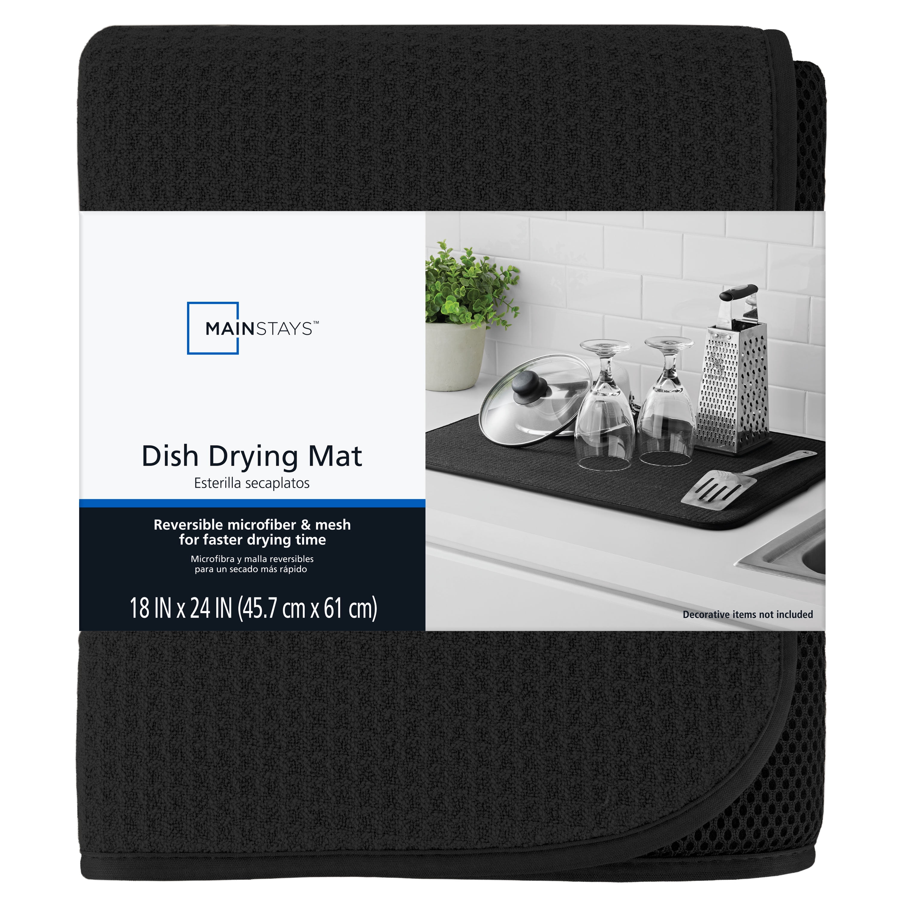 (5 pack) Mainstays Microfiber Dish Drying Mat, Absorbent Kitchen Countertop Drying Mat for Dishes, Glasses and Utensils, Black