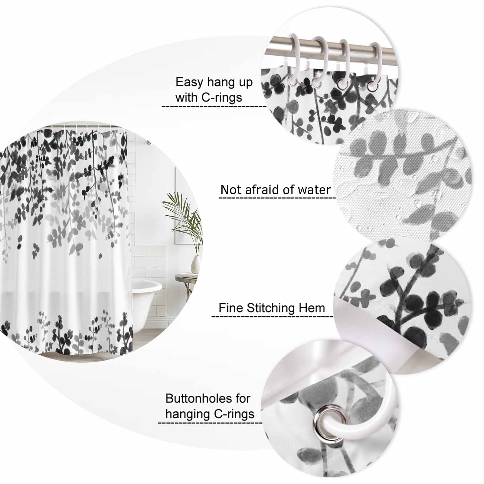 Black Leaves Shower Curtain, Waterproof Shower Curtains for Bathroom, Summer Botanical Washable Fabric Bathtub Curtain Set Bath Decor with 12 Hooks 48"x72"
