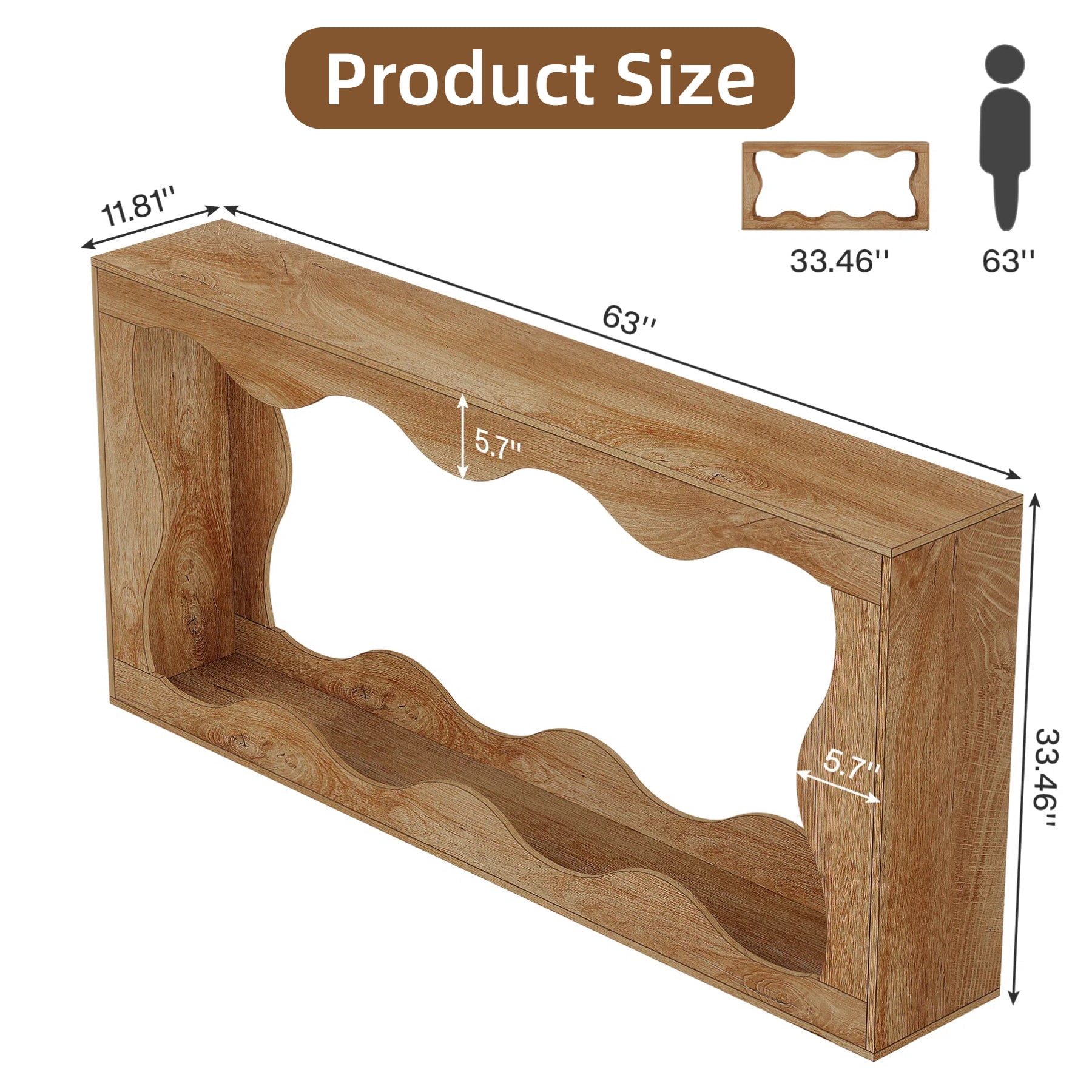 Fnova 63" Long Farmhouse Console Table for Entryway, Wave-Shaped Wood Entryway Table, Sofa Table for Living Room, Light Brown