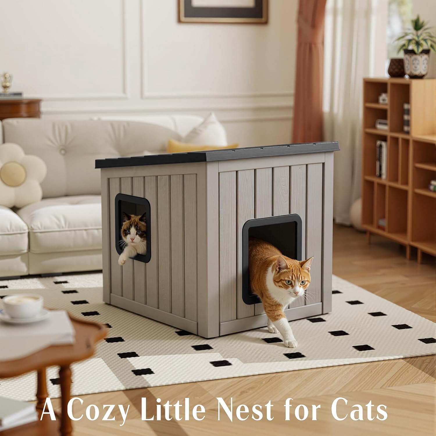 Cat House Outdoor Waterproof,Resin Cat Shelter Feral,Easy to Clean Durable Slanted Top,Cat Bed for Cats and Easy to Assemble (Black, 24.65 * 21.5 * 22.21in)