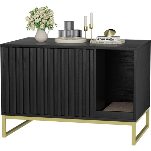 Litter Box Enclosure, Modern Cat Litter Box Furniture Hidden Litter Box with Scratch Pad, Cat Washroom House End Table, Entryway  for Livingroom (Black)