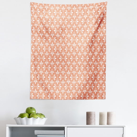 Art Deco Tapestry, Pastel Vintage Ornamental Flowers Retrospective Blossoms Petal Illustration, Fabric Wall Hanging Decor for Bedroom Living Room Dorm, 5 Sizes, Salmon and White, by Ambesonne