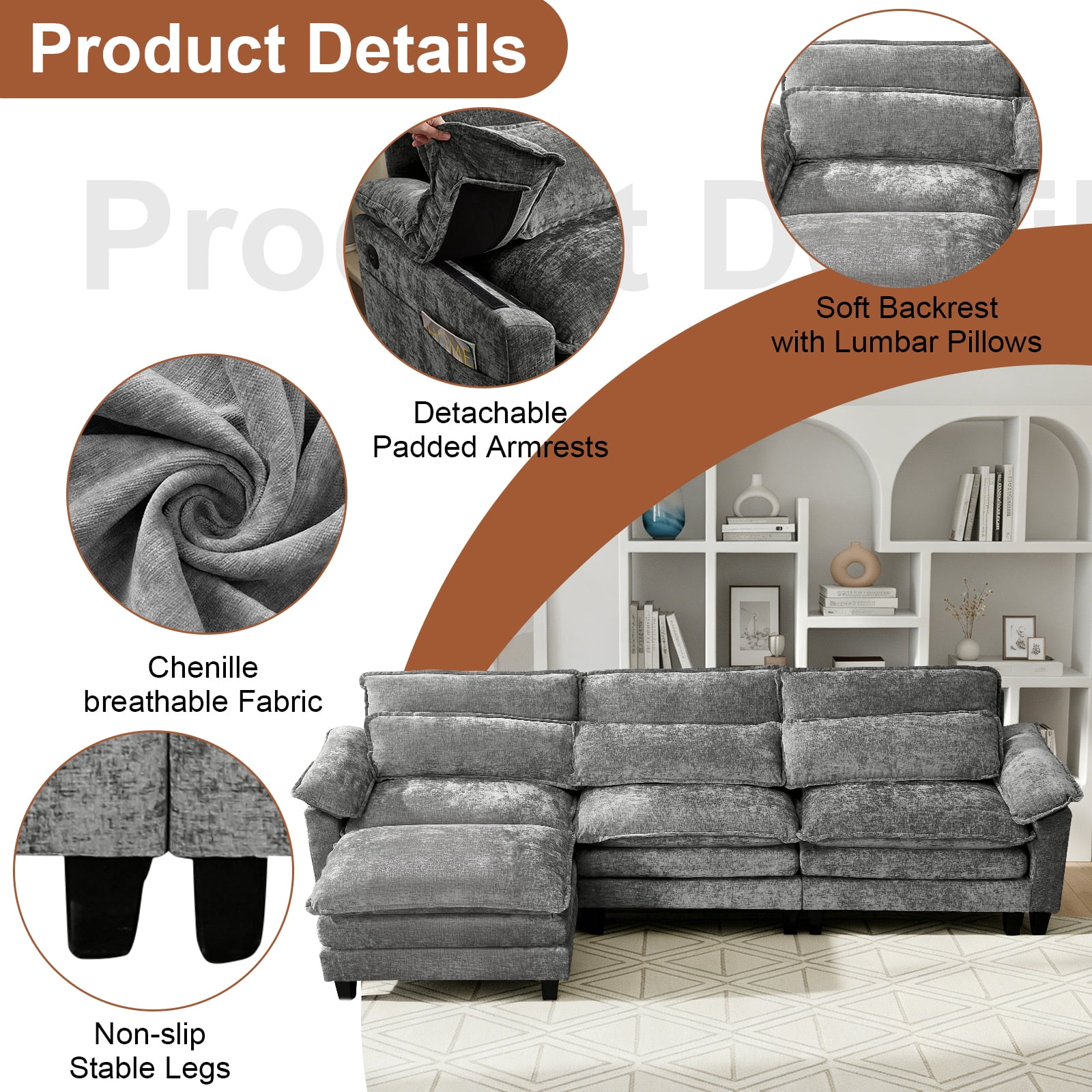 113'' Modular Sectional Sofa,L Shaped Couch with Movable Ottoman, Convertible Sectional Couches with Deep Seat, 3 Seat for Living Room Comfy Cloud Sofa with USB Side Pockets & Charging, (Grey)