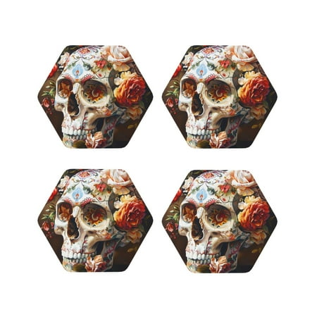 

Matuu Rose Floral Skull for Cup Coasters Set of 4 Leather Coasters Desk Coasters for Office Measures 4” x 4”-Hexagon