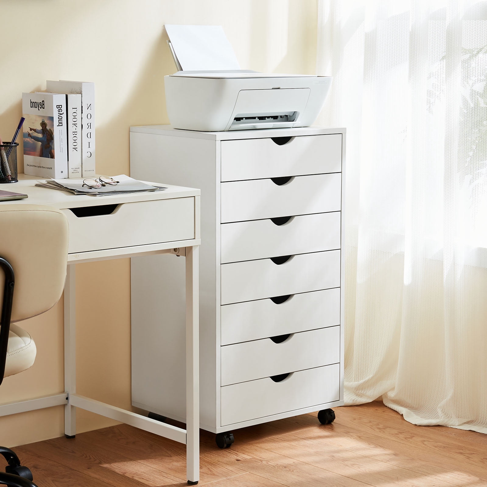 CONCETTA 7-Drawer Wooden Storage Chest, Mobile File Cabinet with Wheels, Versatile Dresser for Home, Office, or Bedroom Organization, White