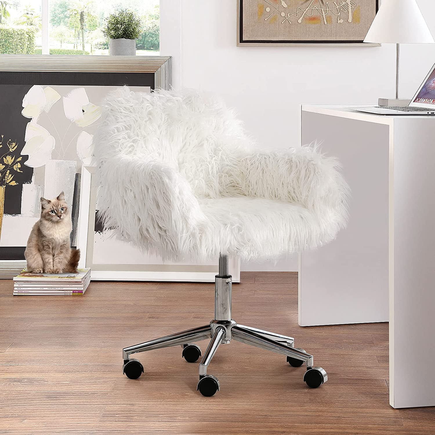 Modern Vanity Chair, White Faux Fur Desk Chair, Cute Fluffy Upholstered