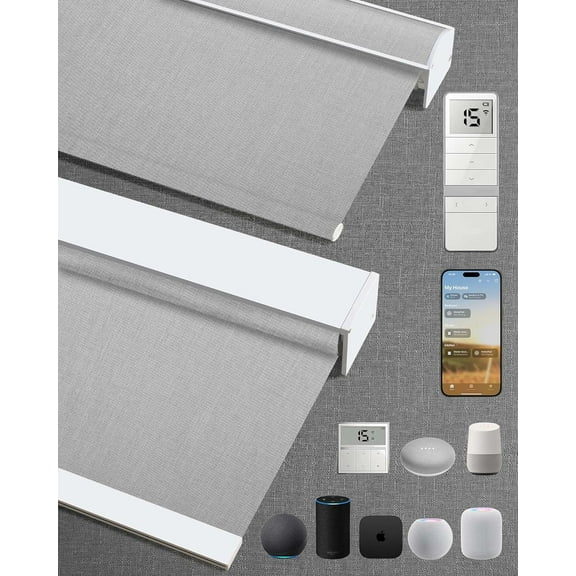 EnjinZZ Motorized Blinds with Remote,100% Blackout Motorized Roller Shades Work with Apple Homekit,Alexa,Google, Custom Electric Blinds with App,Voice Control (Dual Sided Grey)