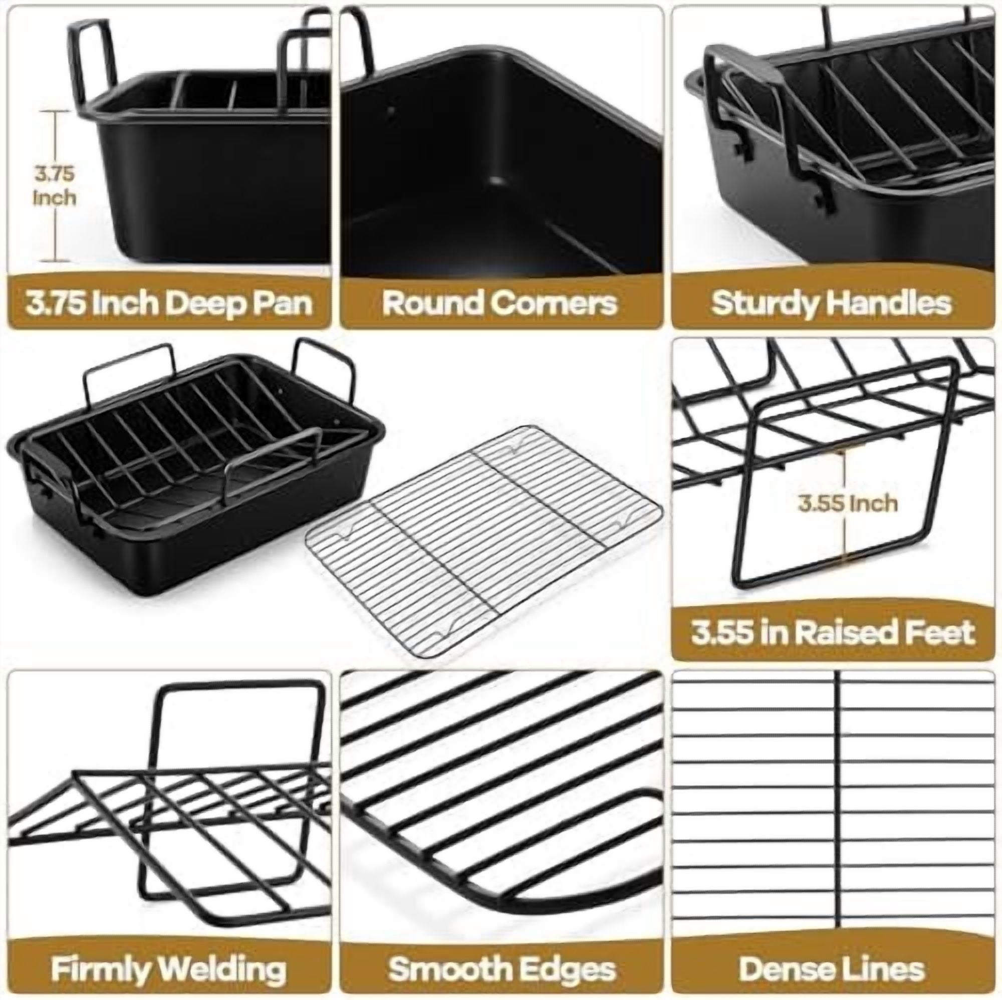 16" Roaster Roasting Pan with Baking Rack and V-shaped Rack, Stainless Steel Rectangular Lasagna Pan with Handles for Turkey Chicken, Healthy & Dishwasher Safe, 3 Pieces, Black