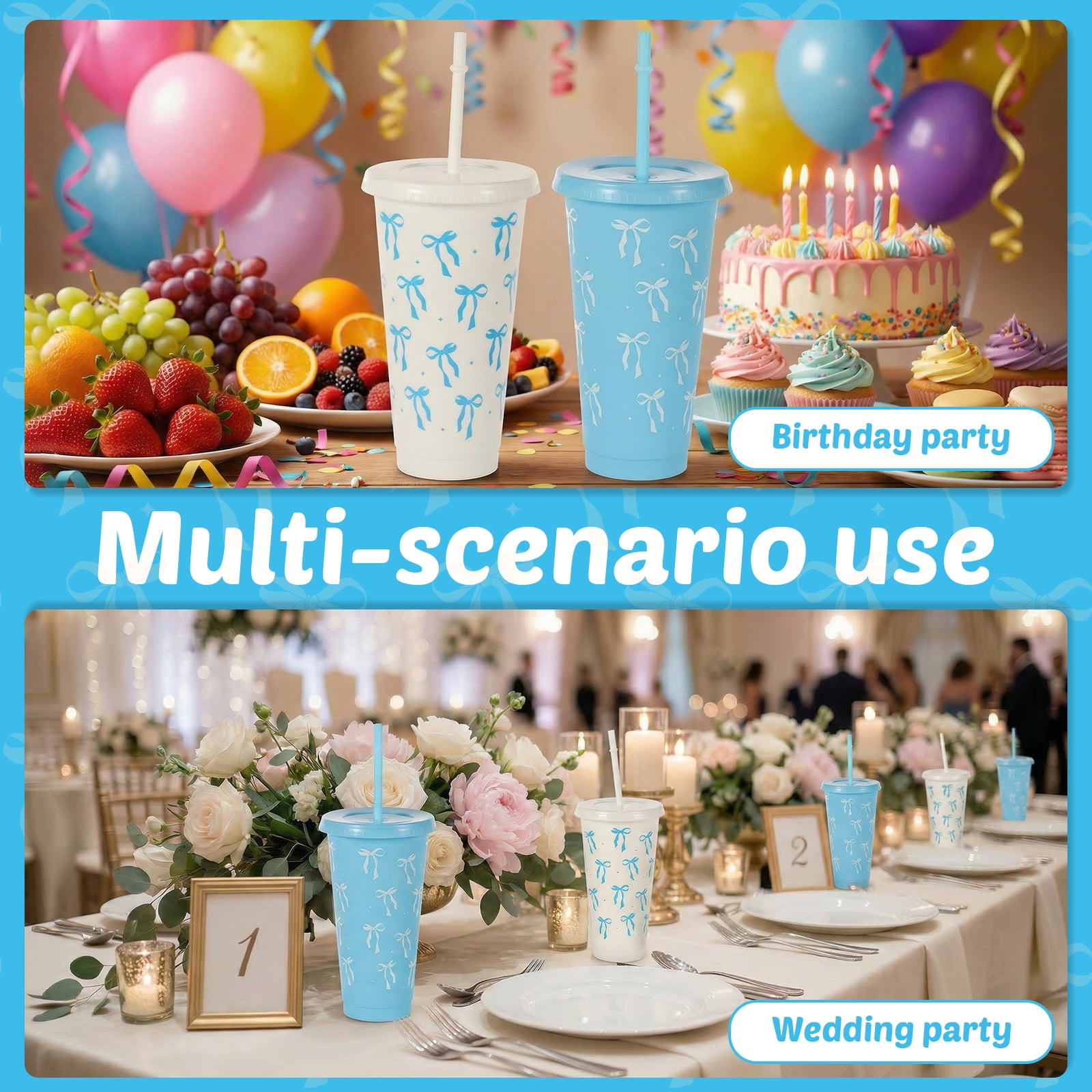 24 Pcs 24oz Bow Plastic Cup with Lid Straw and Ribbon Reusable Tumbler for Birthday Wedding Baby Shower Bridal Party Blue