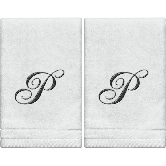 Monogrammed Towels Fingertip, Personalized Gift, 11 x 18 Inches - Set of 2- Black Embroidered Towel - Extra Absorbent 100% Cotton- Soft Velour Finish - For Bathroom/ Kitchen/ Spa- Initial P (White)