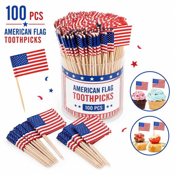 100 Pcs USA American Flag US Toothpick Flags Cupcake Toppers For Sandwiches Appetizers Cake Cocktail Independence Day 4th of July Decor