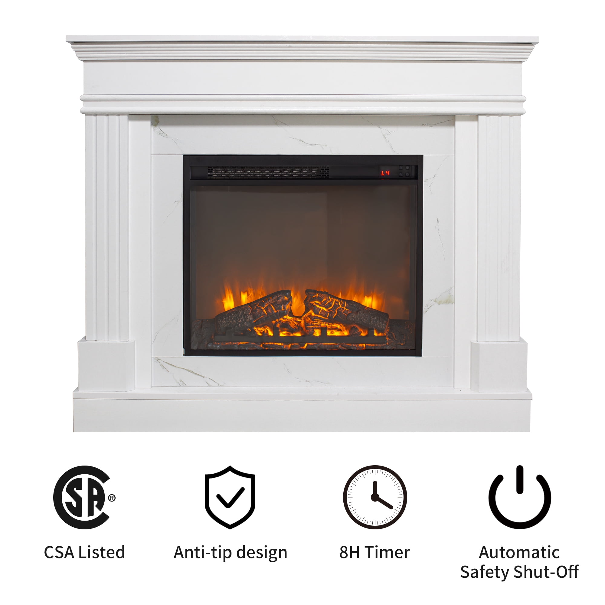 Innoflame 44" Electric Fireplace with Mantel, Freestanding Electric Fireplaces with Faux Marble, Remote, Timer, Adjustable Thermostat & Flame Brightness, White Fireplace for Living Room, 1400W