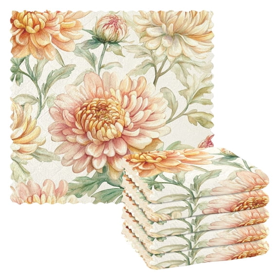 6 Pieces of Kitchen Towels 11x11Inch Kitchen Dish Cloths Kitchen Dish Towels Reuseable Cleaning Cloths Chrysanthemums Beige