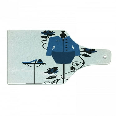 Heels and Dresses Cutting Board, Mannequin in Tailor's Shop with Blooming Flower Retro Classical, Tempered Glass Cutting and Serving Board, Wine Bottle Shape, Blue Black White, by Ambesonne