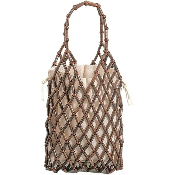 CoCopeaunts Womens Wooden Beads Handbags with Inner Pocket Stylish Handmade Tote Bag Hobo Bag for Beach Travel Vacation