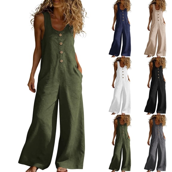 Taqqpue Women's Casual Overalls Loose Wide Leg Jumpsuits Summer Boho Solid Color Baggy Rompers with Pockets