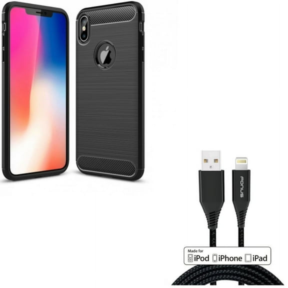 Certified 6ft MFi USB Cable w Carbon Fiber Case for iPhone XS Max - Charger Cord Power Wire Braided Long and Slim Fit Cover Reinforced Bumper Shock Absorbent Black