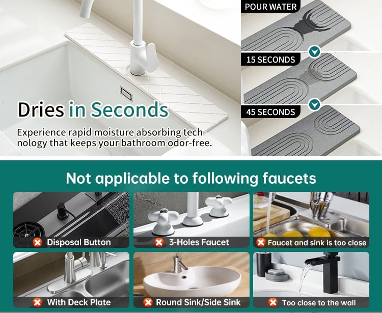 Faucet Mat for Kitchen Sink, 23.6"x 3.9" Diatomite Fast Drying Stone Sink, kitchen Sink Faucet Mat Splash Guard, Super Absorbent Faucet Mat, Faucet Mat for Kitchen Sink and Bathroom Counter (White)