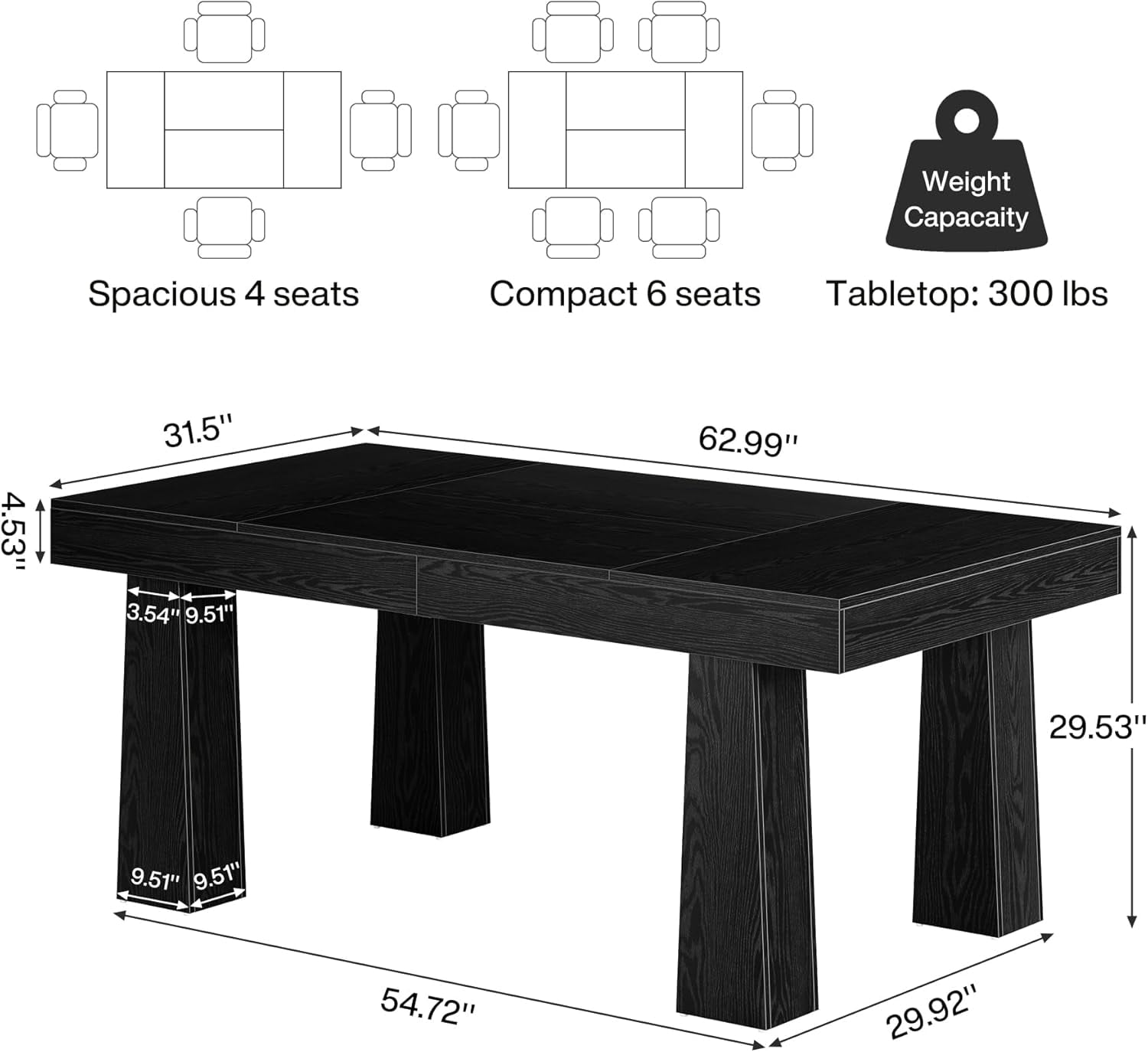 Tribesigns 63'' Dining Table, Modern Rectangular Kitchen Table with Heavy Duty Tapered Legs for Dining Room, Restaurant, (1, Black)