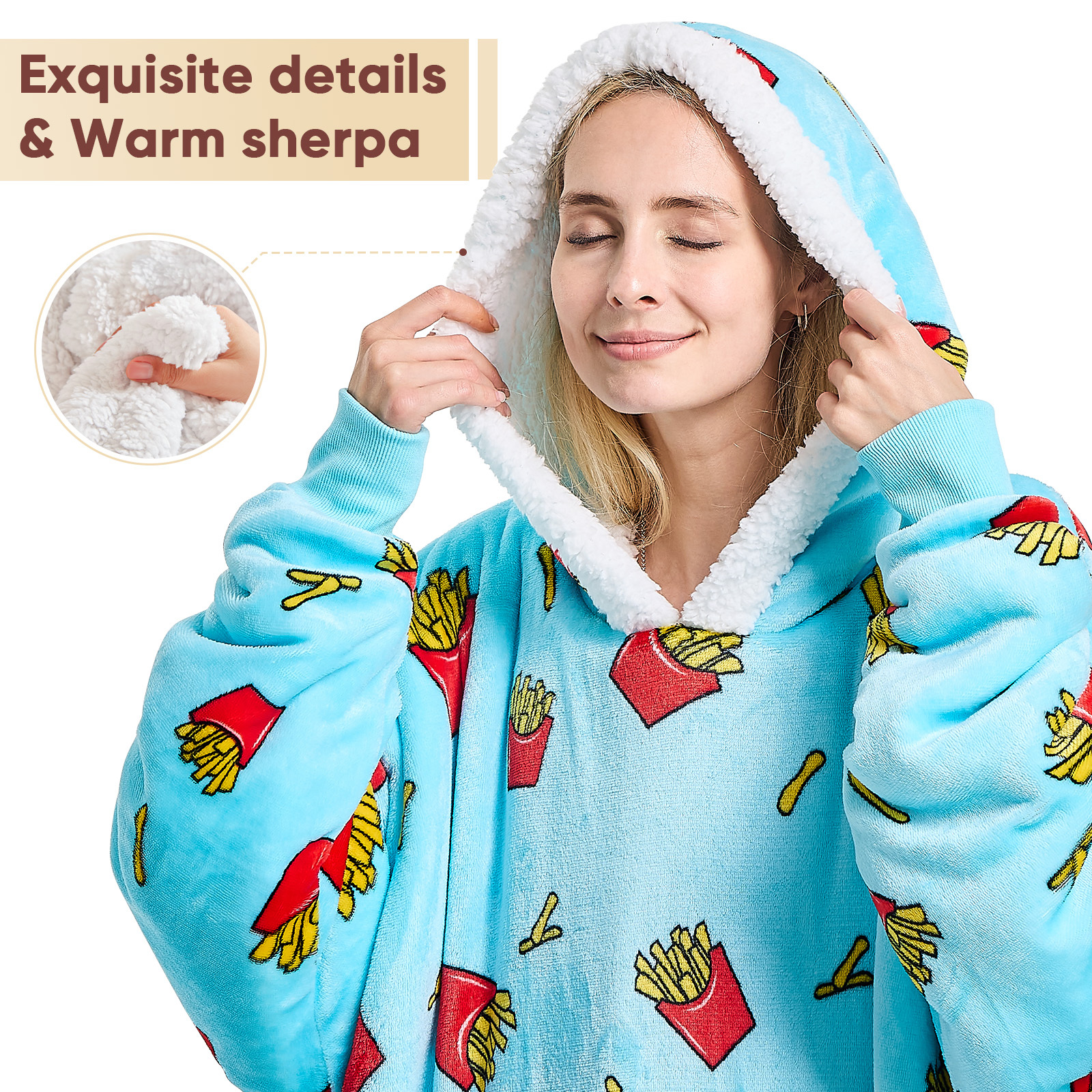 PMONPA Wearable Blanket Hoodie, Flannel Sherpa Fleece, Warm and Cozy Giant Sweatshirt for Adult, Woman and Man, One Size Fits All (Chips)