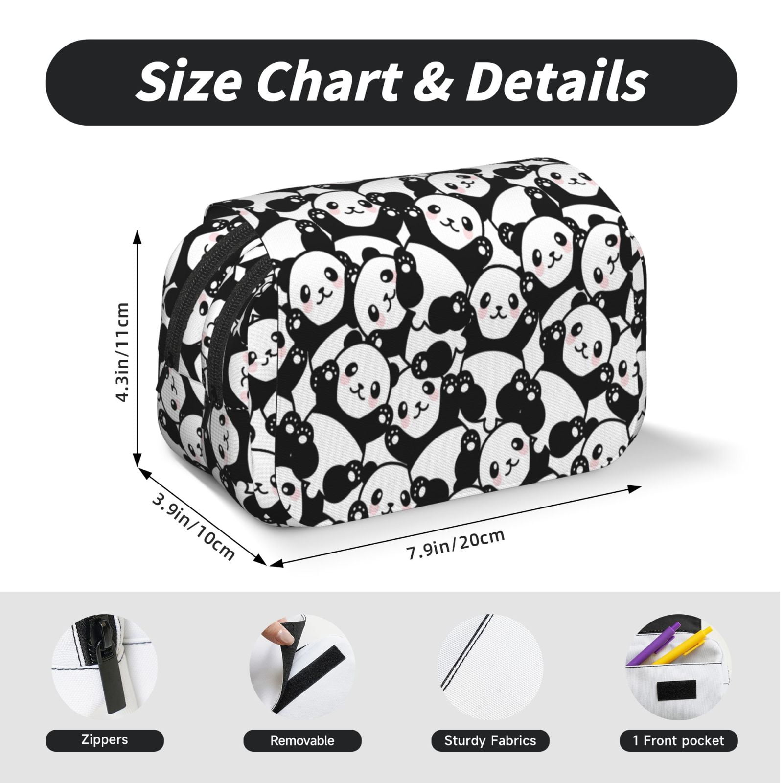 Rateoe Seamless Pattern Cute Panda Pattern Double Clamshell Pen Case, Storage Organizer with Two Zipper Compartments– Holds Up to 50 Pencils & Pens
