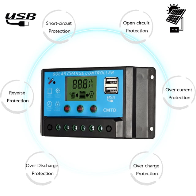 Amdohai 10A 12.6V LCD Solar Charge Controller PWM Charging Regulator for Solar Panel Lithium Battery Lamp Overload Protection