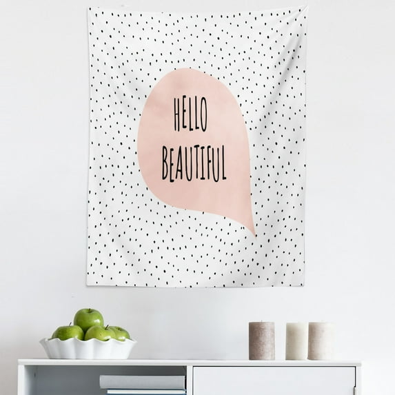 Hello Tapestry, Romantic and Message in a Pastel Colored Speech Balloon Hand Drawn Dots, Fabric Wall Hanging Decor for Bedroom Living Room Dorm, 5 Sizes, Blush Black, by Ambesonne