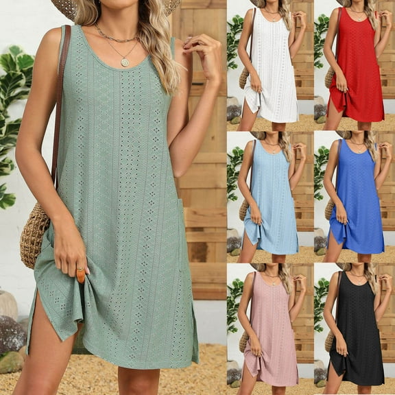 Feancey Summer Sundress for Women Eyelet Trendy Mini Dresses Sleeveless Round Neck Tank Dress Side Slit Hollow Out A-Line Dresses Red S