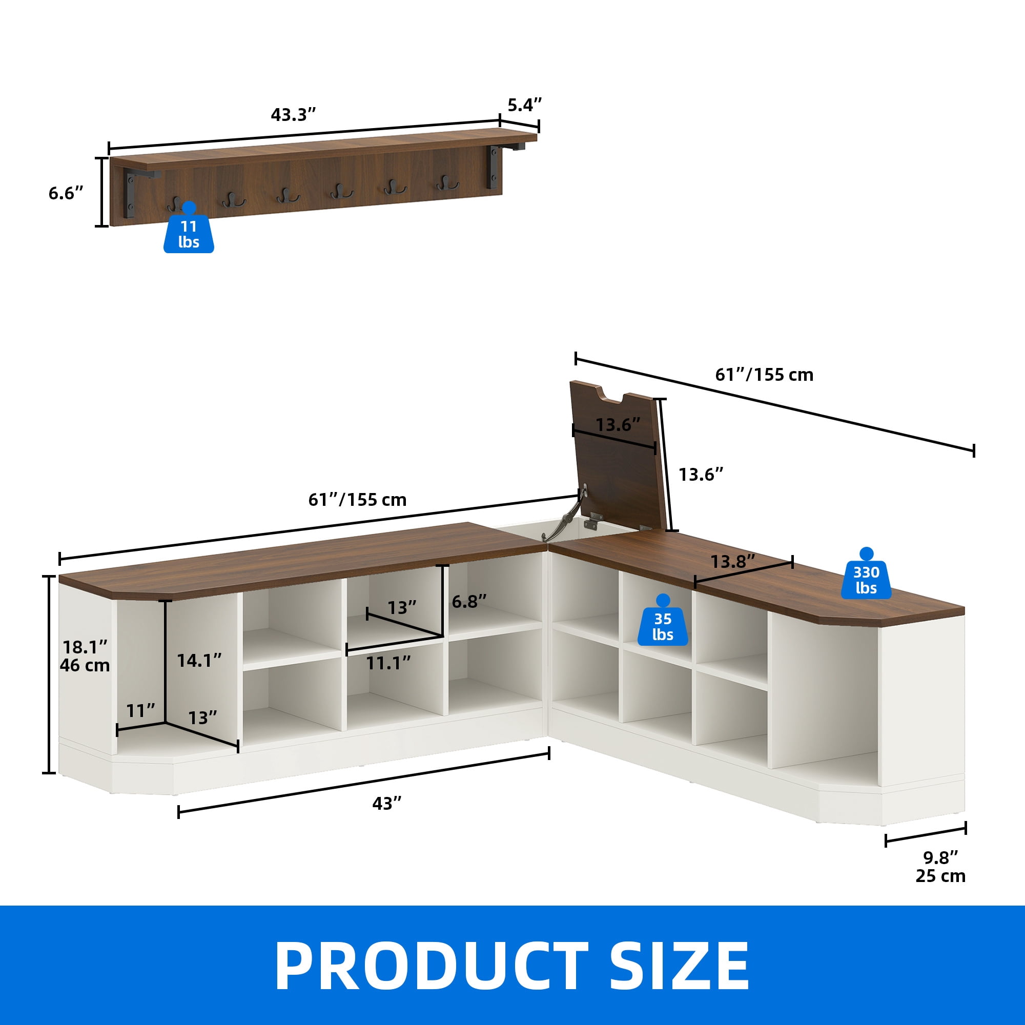 Dextrus Corner Shoe Cabinet with Bench & Hooks, L Shape Shoe Cube with Coat Rack & Hidden Storage, Entryway Shoe Rack, White