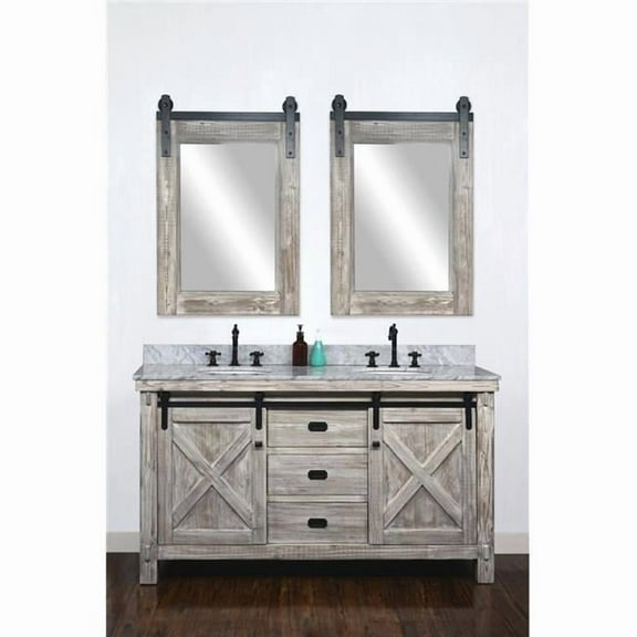 InFurniture WK8560-W-CW TOP 60 in. Rustic Solid Fir Barn Door Style Double Sinks Vanity in White Wash with Carrara White Marble Top - No Faucet - 61 x 34.6 x 22 in.