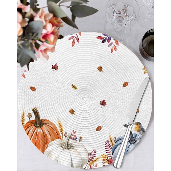 13 Inch Round Placemats Set of 6, Thanksgiving Fall Non Slip Heat Insulation PP Table Mats, Blue White Orange Pumpkin Eucalyptus Washable Place Mats for Kitchen Dining Party Table Decor