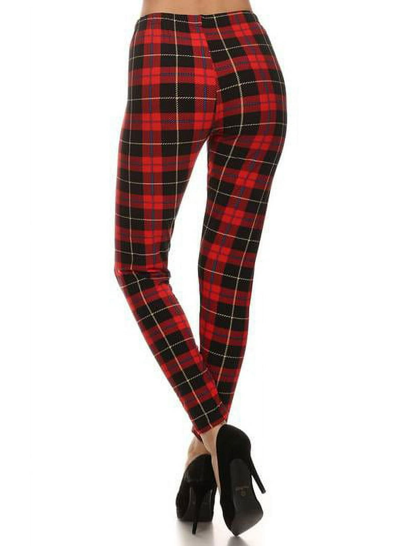 Women's High Waist Red Plaid Printed Leggings, Regular and Plus