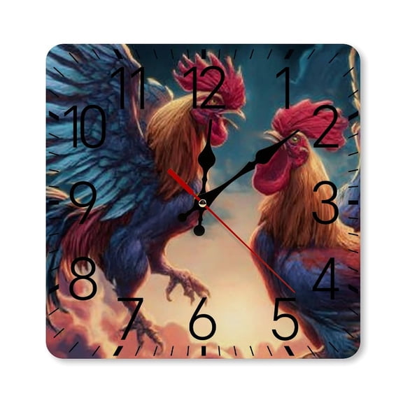 RKSupls 10×10inch Square Silent Wall Clock Wooden Frame, Roosters Fighting Clouds Scale Decorative Clock for Home Bedroom Living Room Office