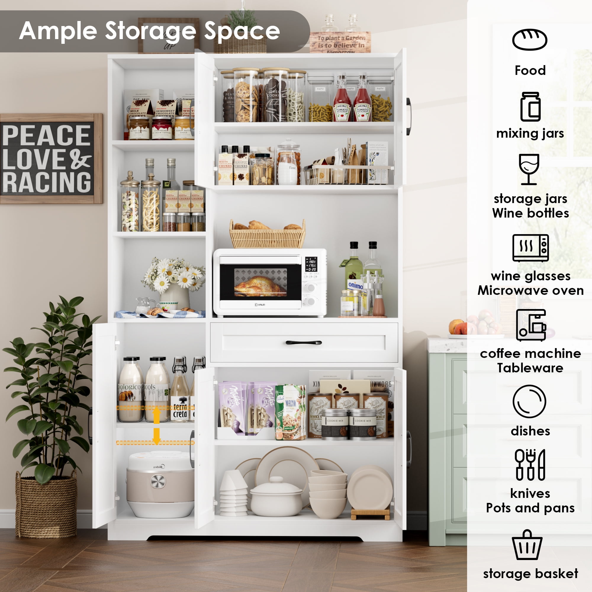 Hiphuta 71"Farmhouse Kitchen Pantry Storage Cabinet, Freestanding Hutch Cabinet with Microwave Stand, Sturdy Pantry Cabinet for Dining Room, White
