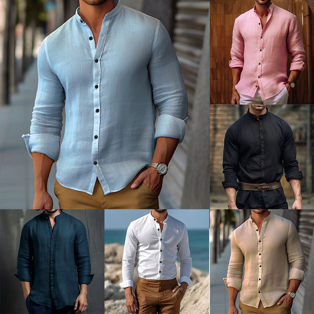 Fule Men Retro Collarless Casual Formal Informal Grandad Long Sleeve Cotton Shirt Top - image 2 of 7