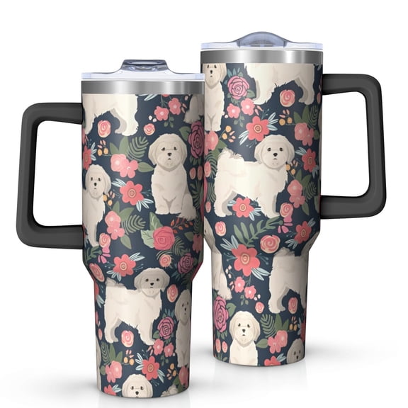 OBREWU Shih Tzu Dog and Flower Floral Tumbler with Handle and Lid,Shih Tzu Dog and Flower Floral 40oz Double Wall Vacuum Insulated Tumbler,Cups Gift for Women and Men