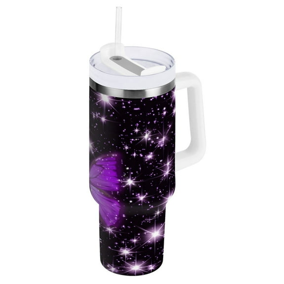 Ryvnso 40 oz Tumbler with Handle and Straw Insulated Stainless Steel Travel Mug with Lid Sparkling Butterfly Purple-a8