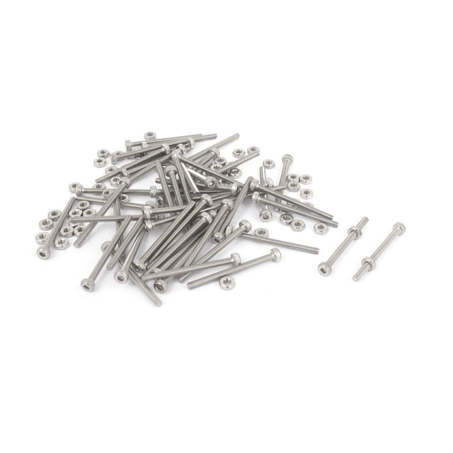 Unique Bargains Ensemble de Vis et Écrous Moletés à Tête de Douille Hexagonale en Acier Inoxydable M2x25mm, Comprenant 50 Pcs. Fabriqué en Acier Inoxydable 304 avec un Pas de Filetage de 0,4 mm et une Conception de Tête de Douille Hexagonale. Convient aux applications Industrielles, de construction et de Machinerie. Comprend des Vis d'Une Longueur Totale de 27 mm et des Écrous Hexagonaux de dimensions de 4x1,5 mm. Fini Ton Argent.
