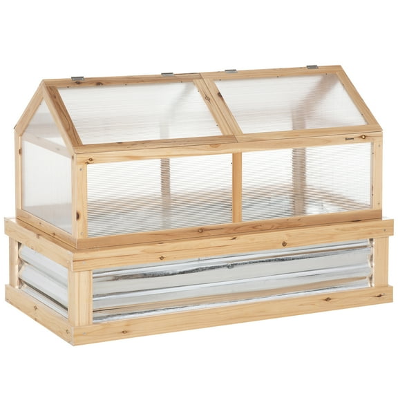 GHooa Raised Garden Bed with Greenhouse Wooden Cold Frame-Natural